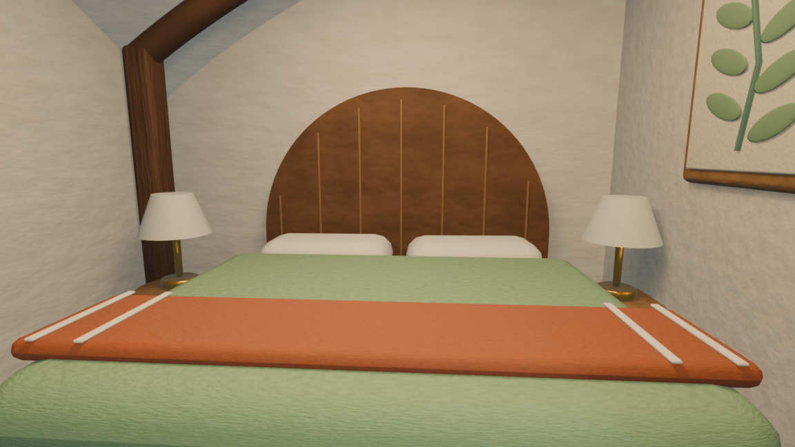 Warm bedroom reached through an arched opening