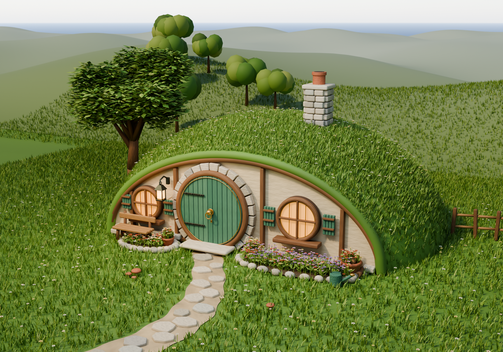 A grassy hillside cottage with a round green door, flowers, and a winding stone path