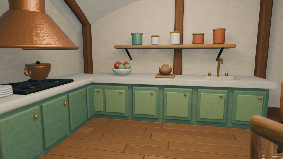 Country kitchen with timber cabinetry and a breakfast table