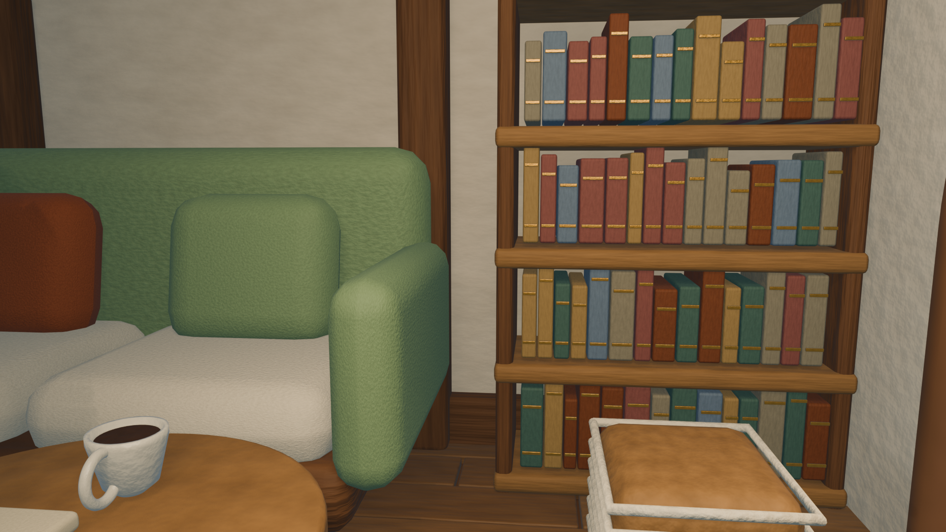 Cozy reading nook under the vaulted cottage roof